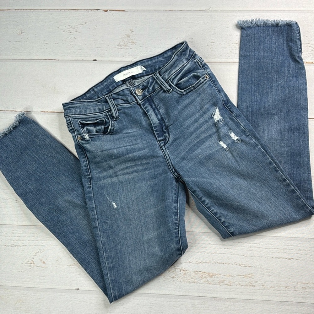 Hidden Distressed Raw Hem Side Slit Skinny Jeans Size 26